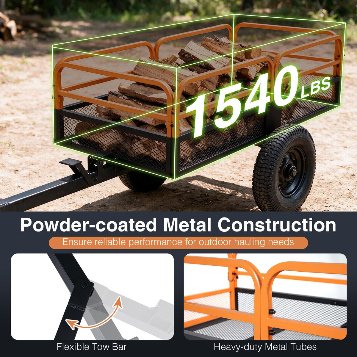 1540 LBS Capacity 17.6 Cu. Ft Heavy Duty Metal Dump Cart Trailer