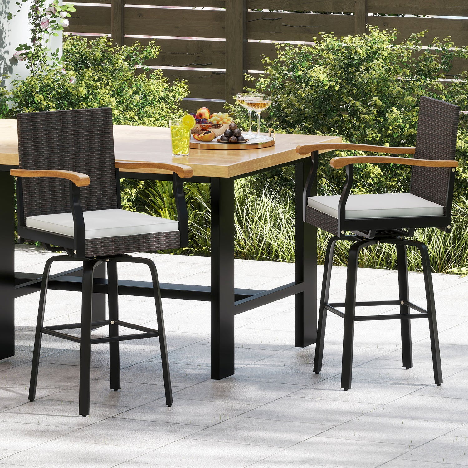 One Outdoor 360° Swivel Bar Stool with Cushion and Acacia Wood Armrests