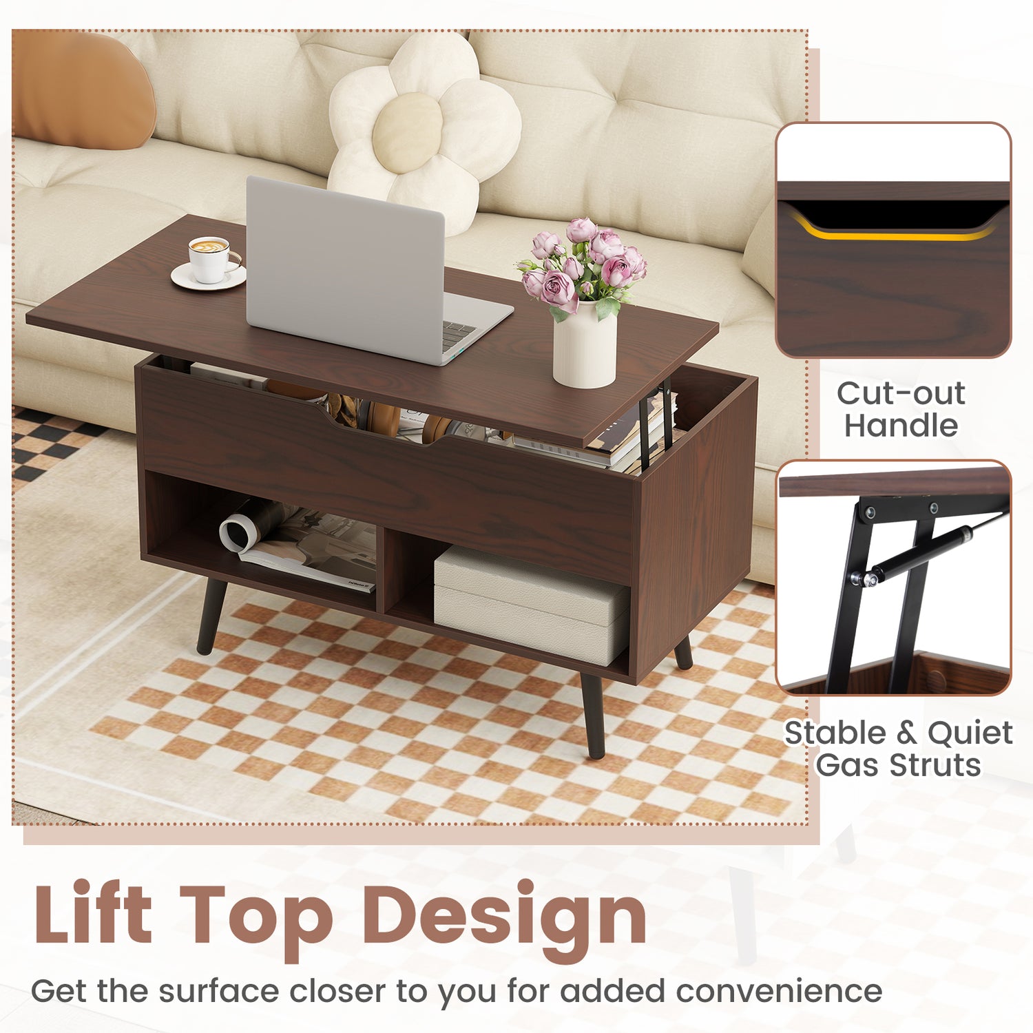 31.5 Inch Lift Top Coffee Table with Hidden Compartment and 2 Storage Shelves