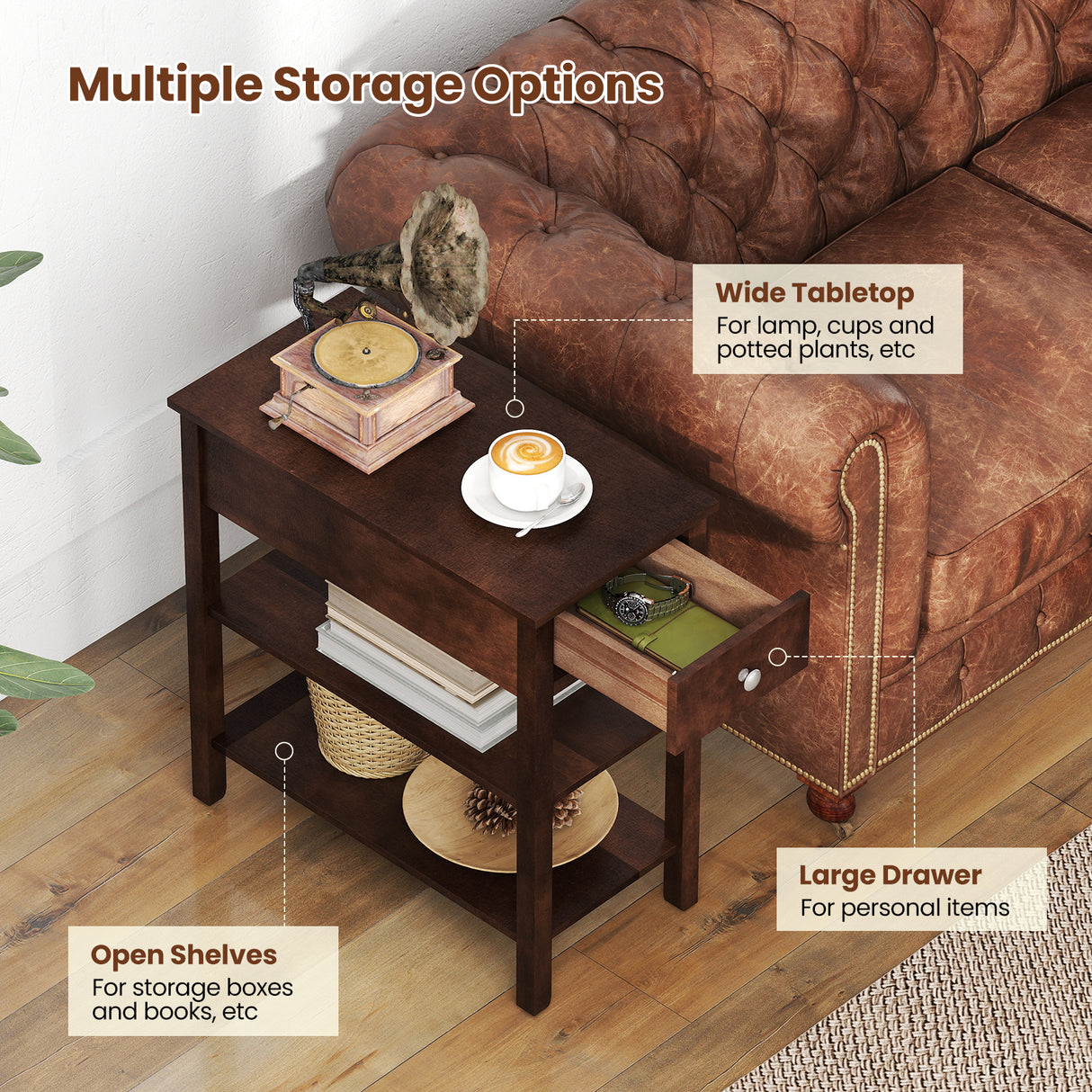 3-Tier Narrow End Table with Drawer and Storage Shelves Set of 2