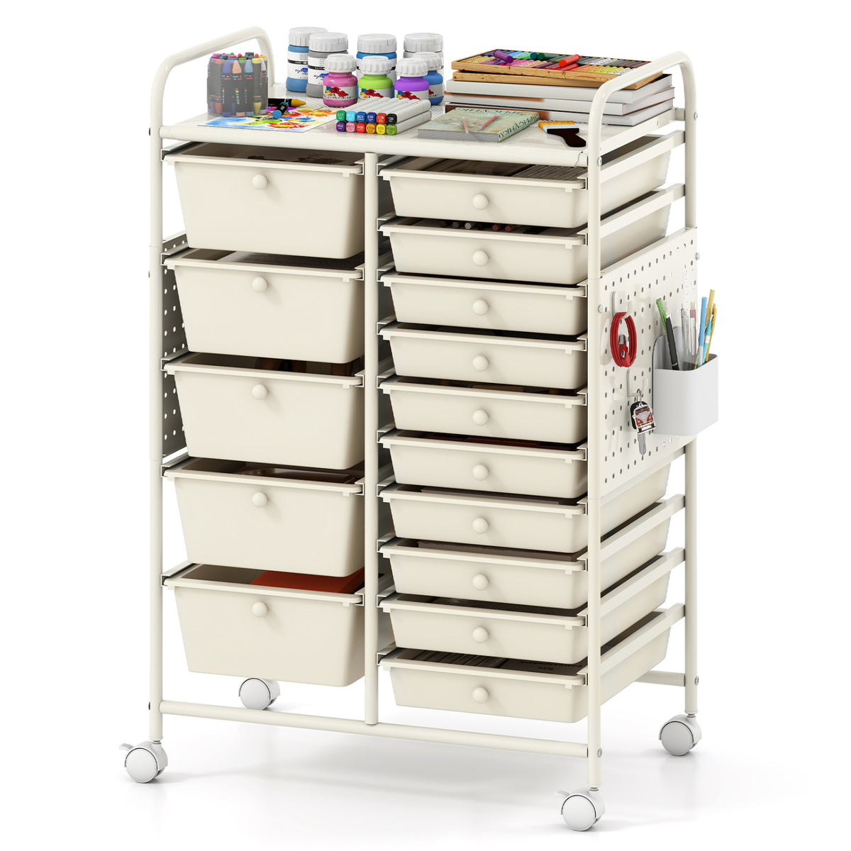 15-Drawer Rolling Storage Cart with Metal Tabletop and Pegboard