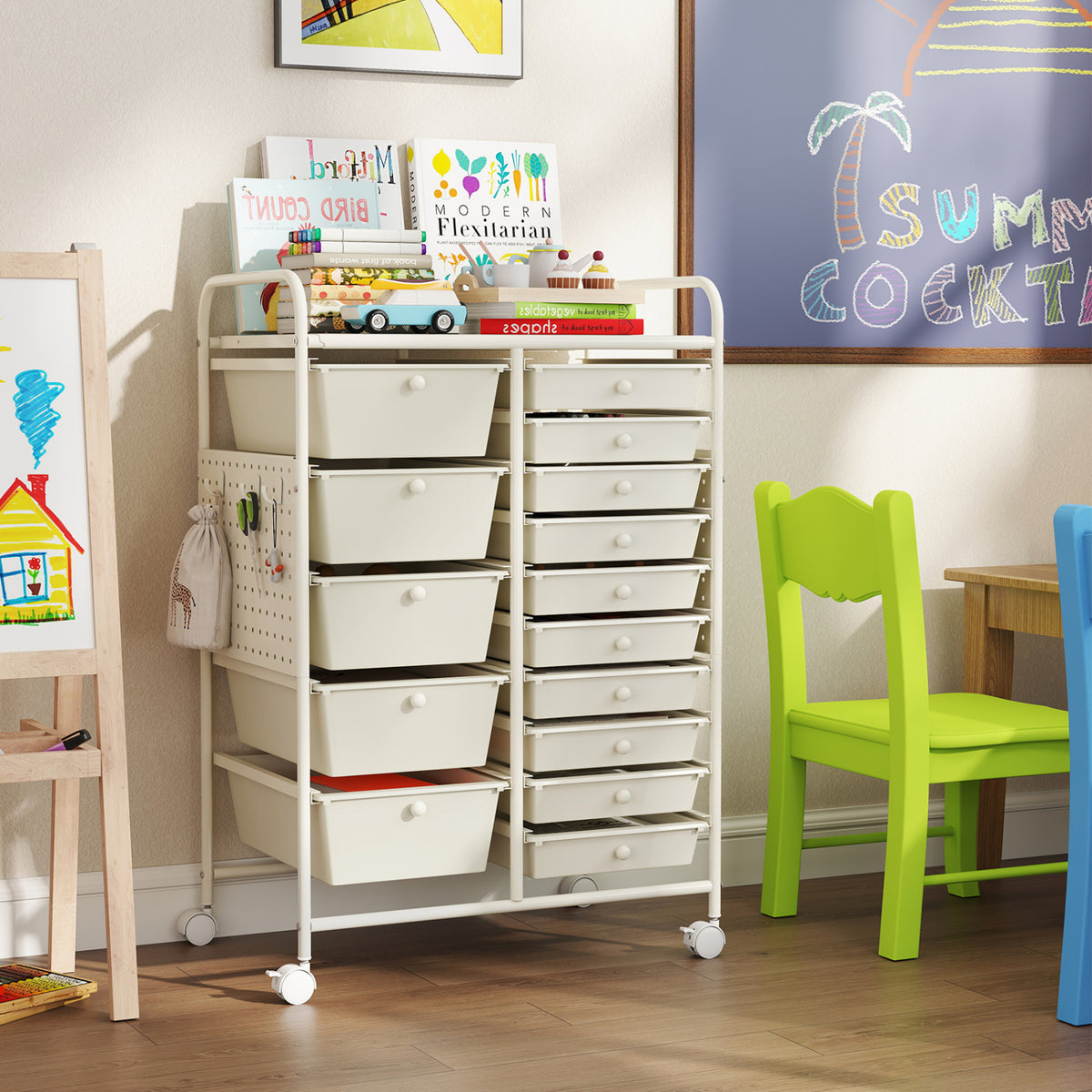 15-Drawer Rolling Storage Cart with Metal Tabletop and Pegboard