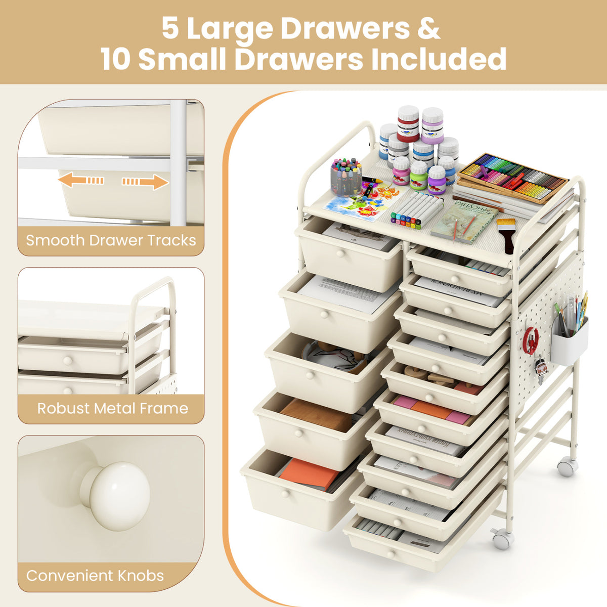 15-Drawer Rolling Storage Cart with Metal Tabletop and Pegboard