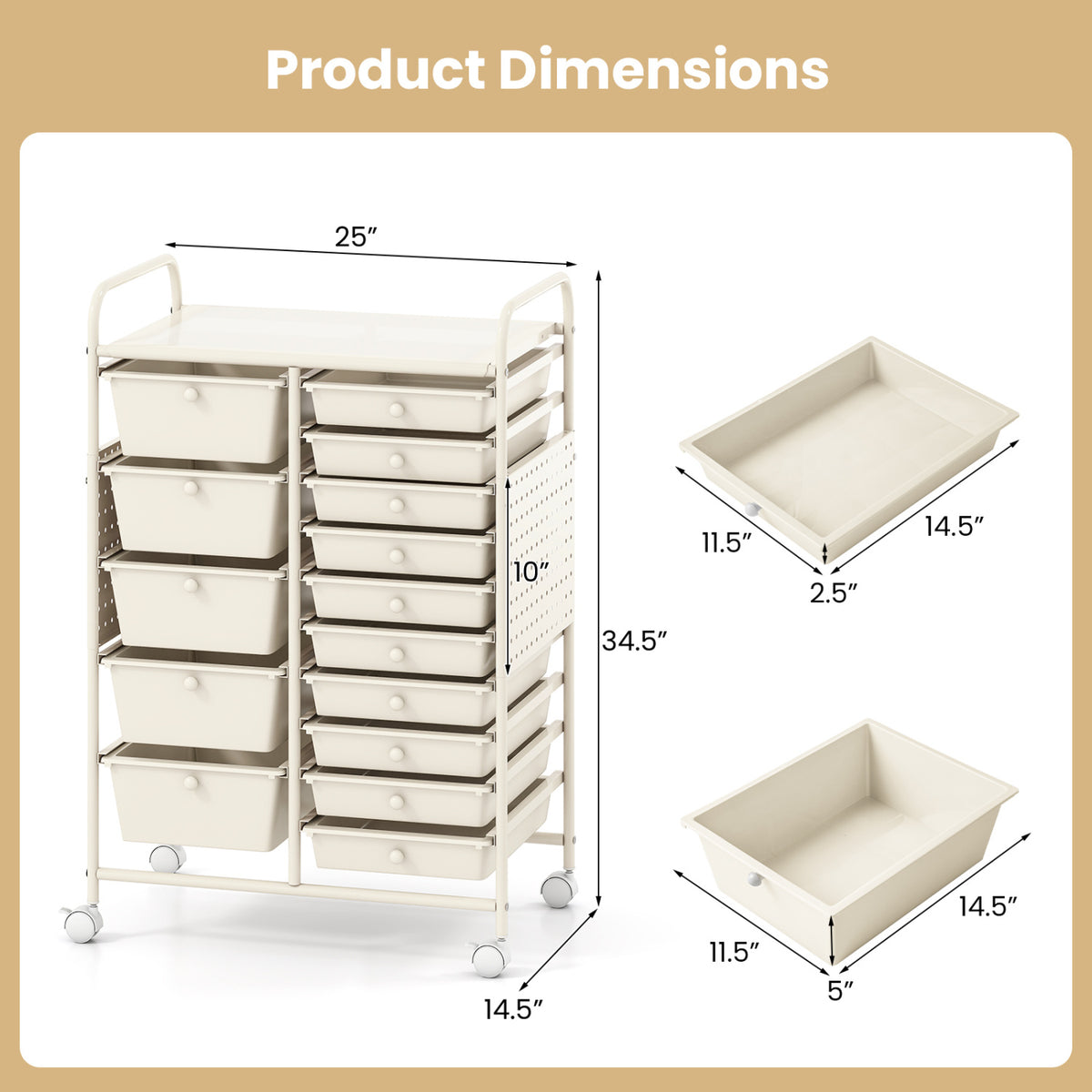15-Drawer Rolling Storage Cart with Metal Tabletop and Pegboard