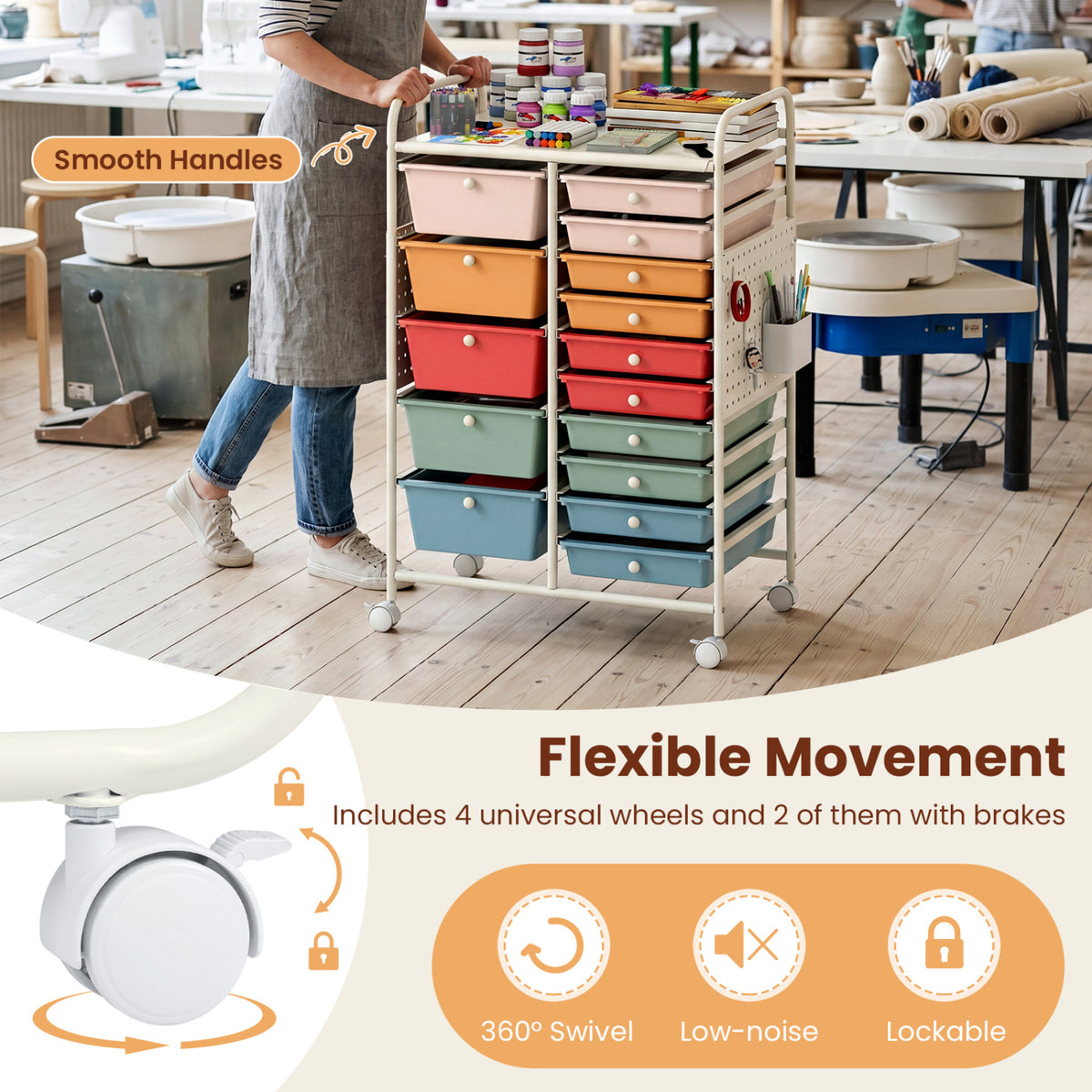 15-Drawer Rolling Storage Cart with Metal Tabletop and Pegboard