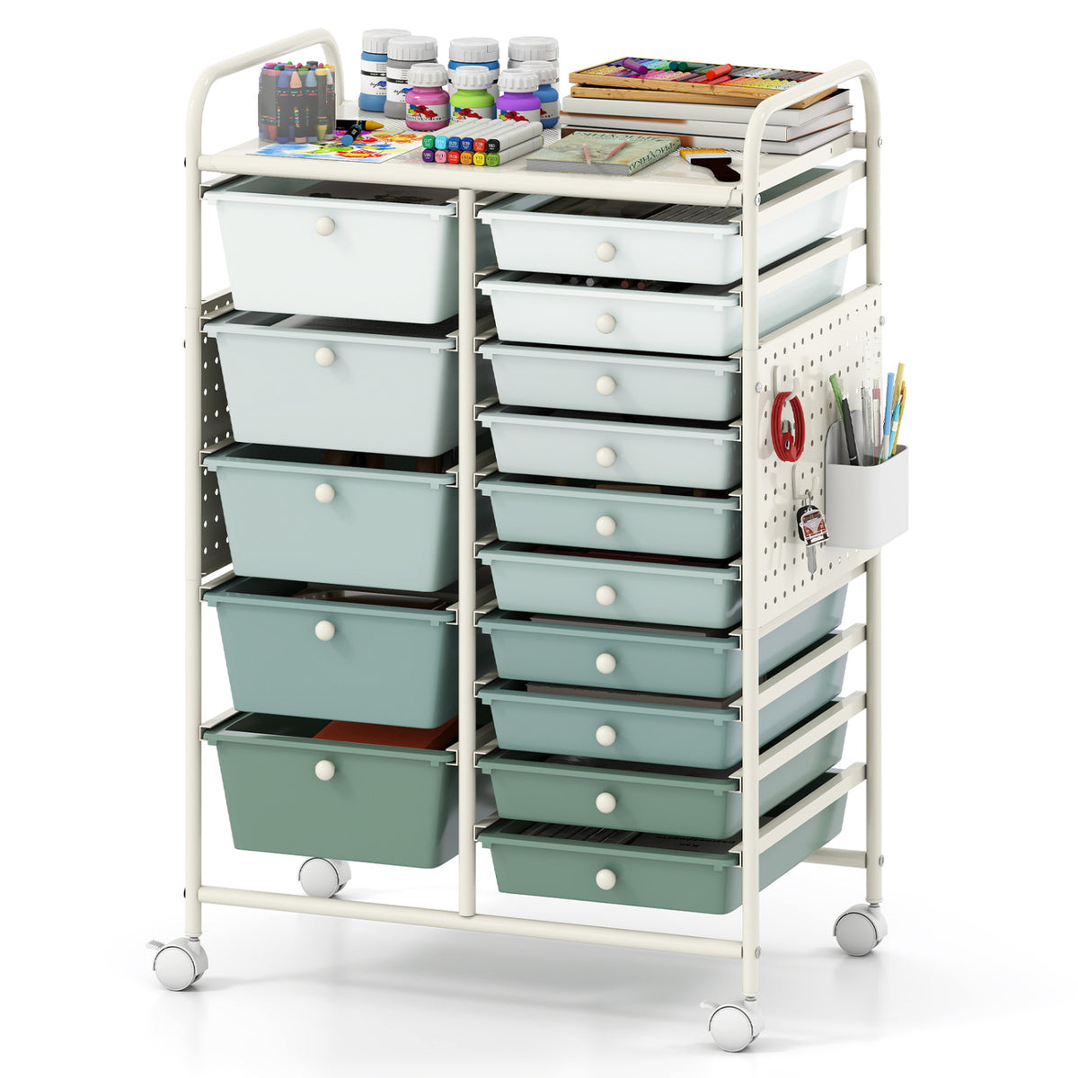15-Drawer Rolling Storage Cart with Metal Tabletop and Pegboard