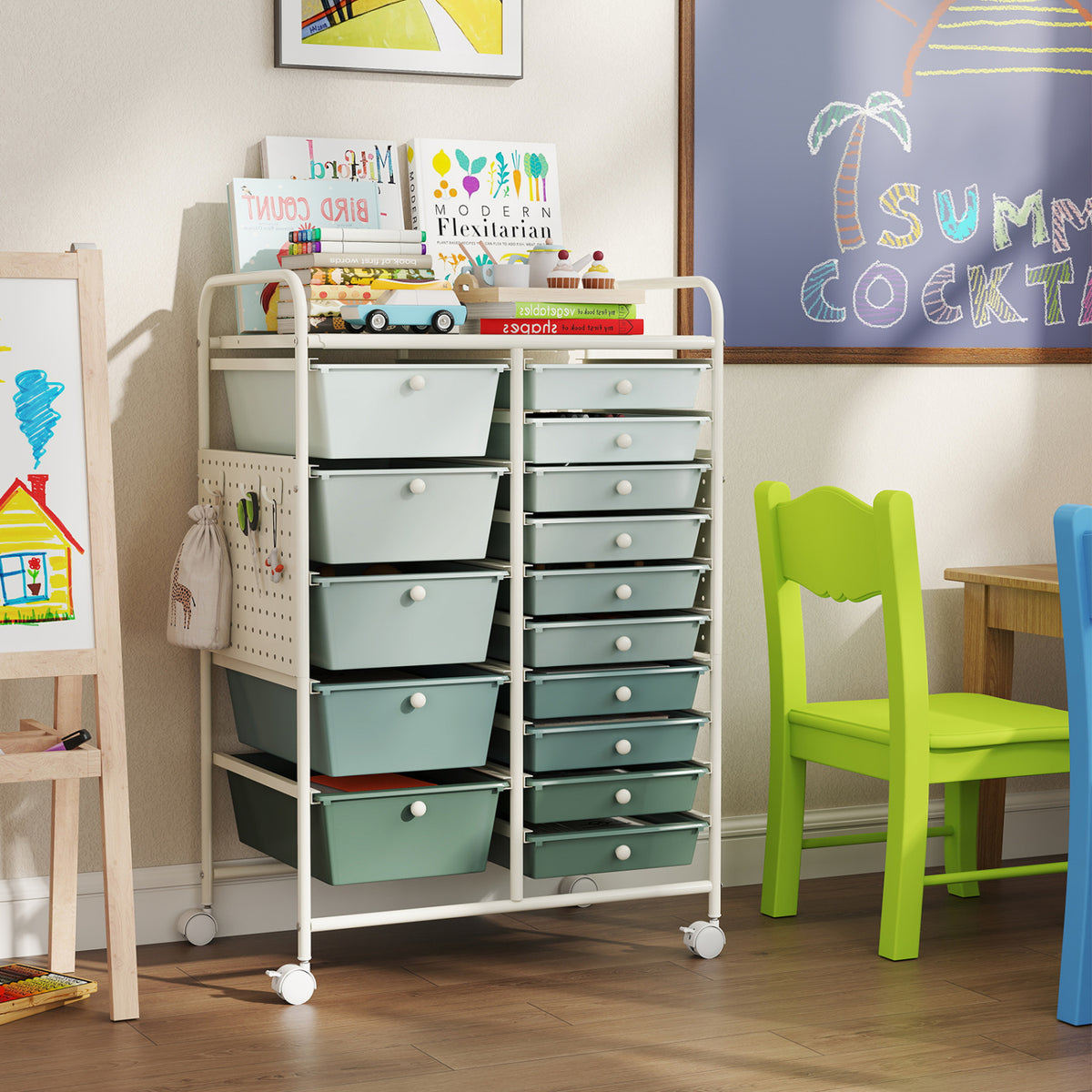 15-Drawer Rolling Storage Cart with Metal Tabletop and Pegboard