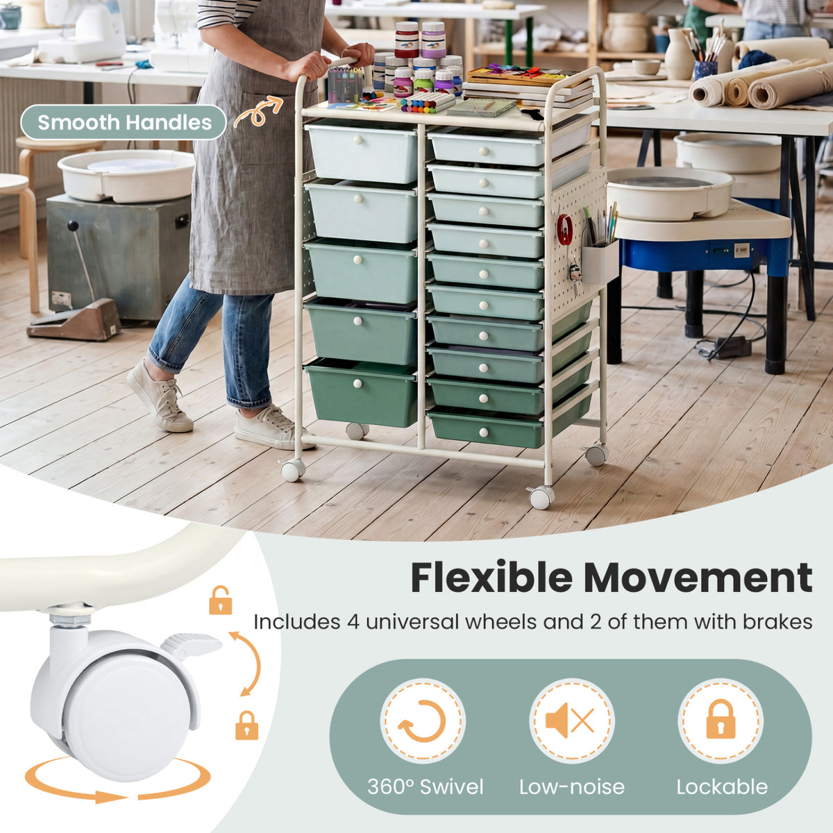 15-Drawer Rolling Storage Cart with Metal Tabletop and Pegboard