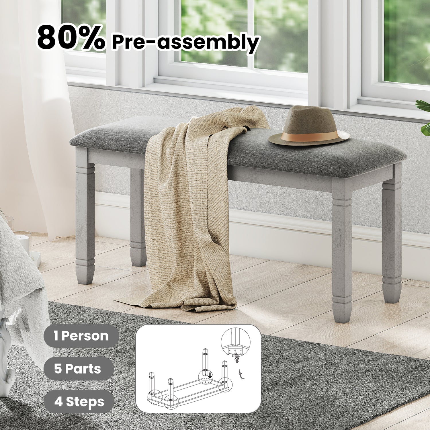 Upholstered Bedroom Bench with Padded Seat and Solid Wood Legs-Gray