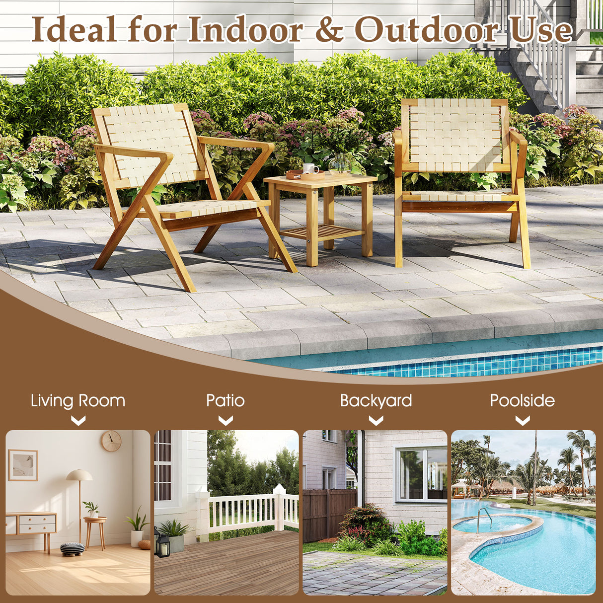 Outdoor and Indoor Teak Wood Patio Chair wuth Webbing Seat and Backrest-Natural