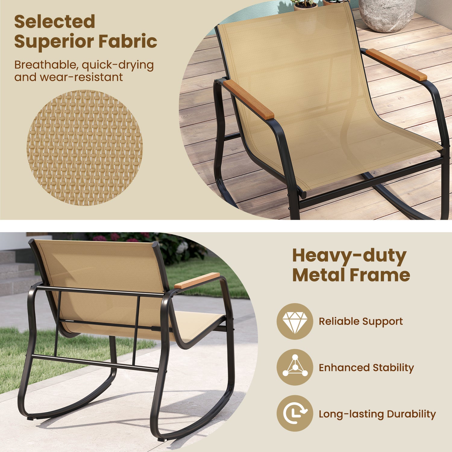 3 Piece Rocking Bistro Chairs and Side Table Set with Storage Bag-Brown