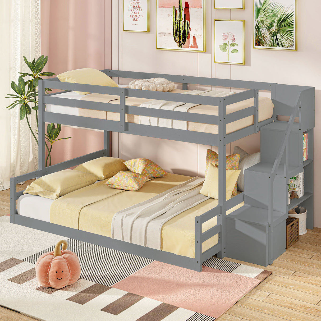 Solid Wood Twin Over Full Low Bunk Bed with Storage Stairs