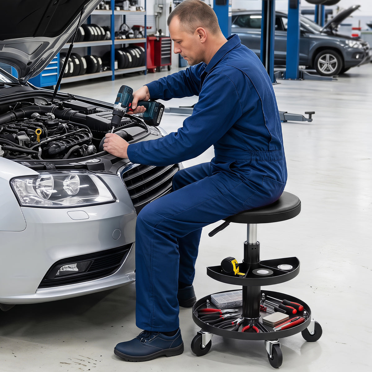 16.5"-22" Adjustable Height Seat Rolling Mechanic Stool with Wheels