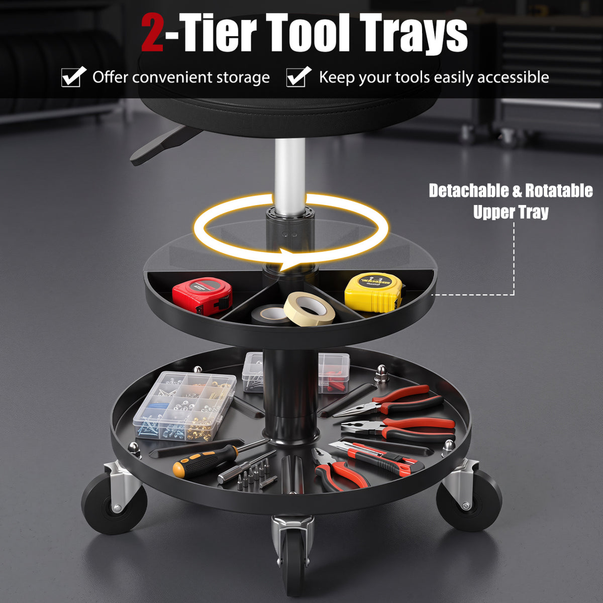 16.5"-22" Adjustable Height Seat Rolling Mechanic Stool with Wheels