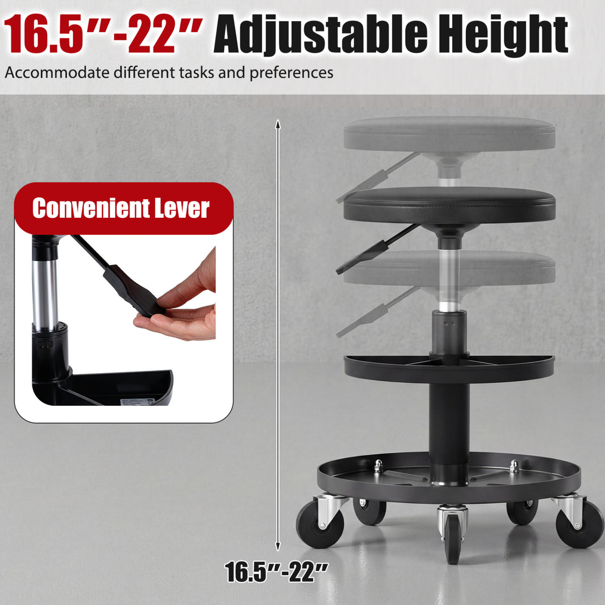 16.5"-22" Adjustable Height Seat Rolling Mechanic Stool with Wheels