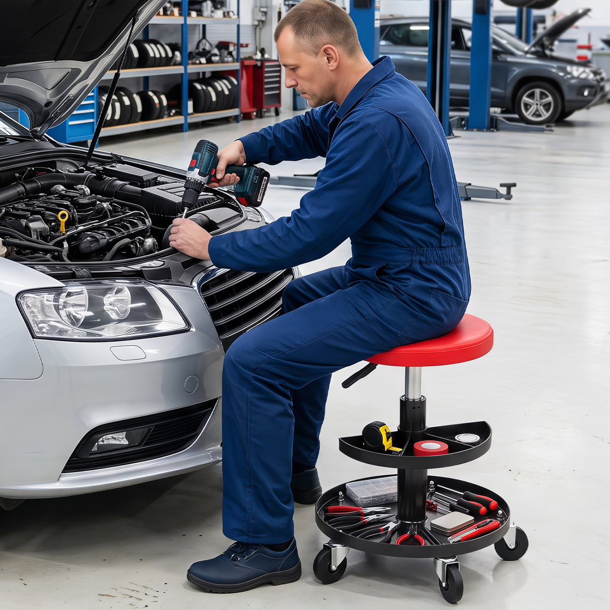 16.5"-22" Adjustable Height Seat Rolling Mechanic Stool with Wheels
