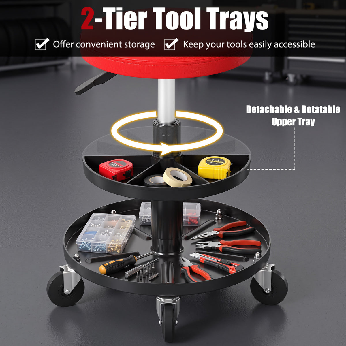 16.5"-22" Adjustable Height Seat Rolling Mechanic Stool with Wheels