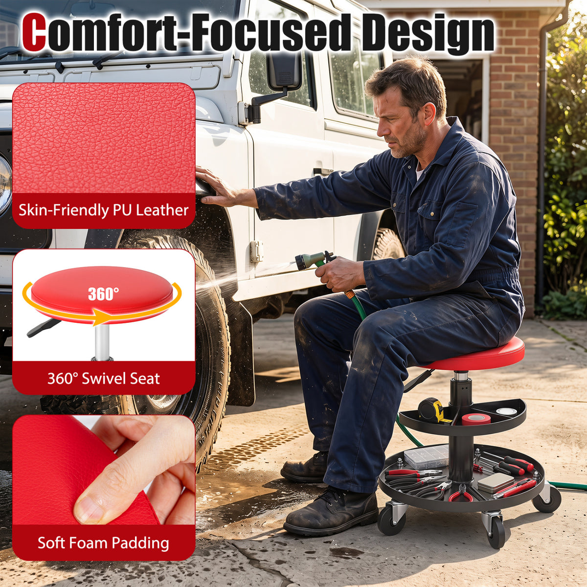 16.5"-22" Adjustable Height Seat Rolling Mechanic Stool with Wheels