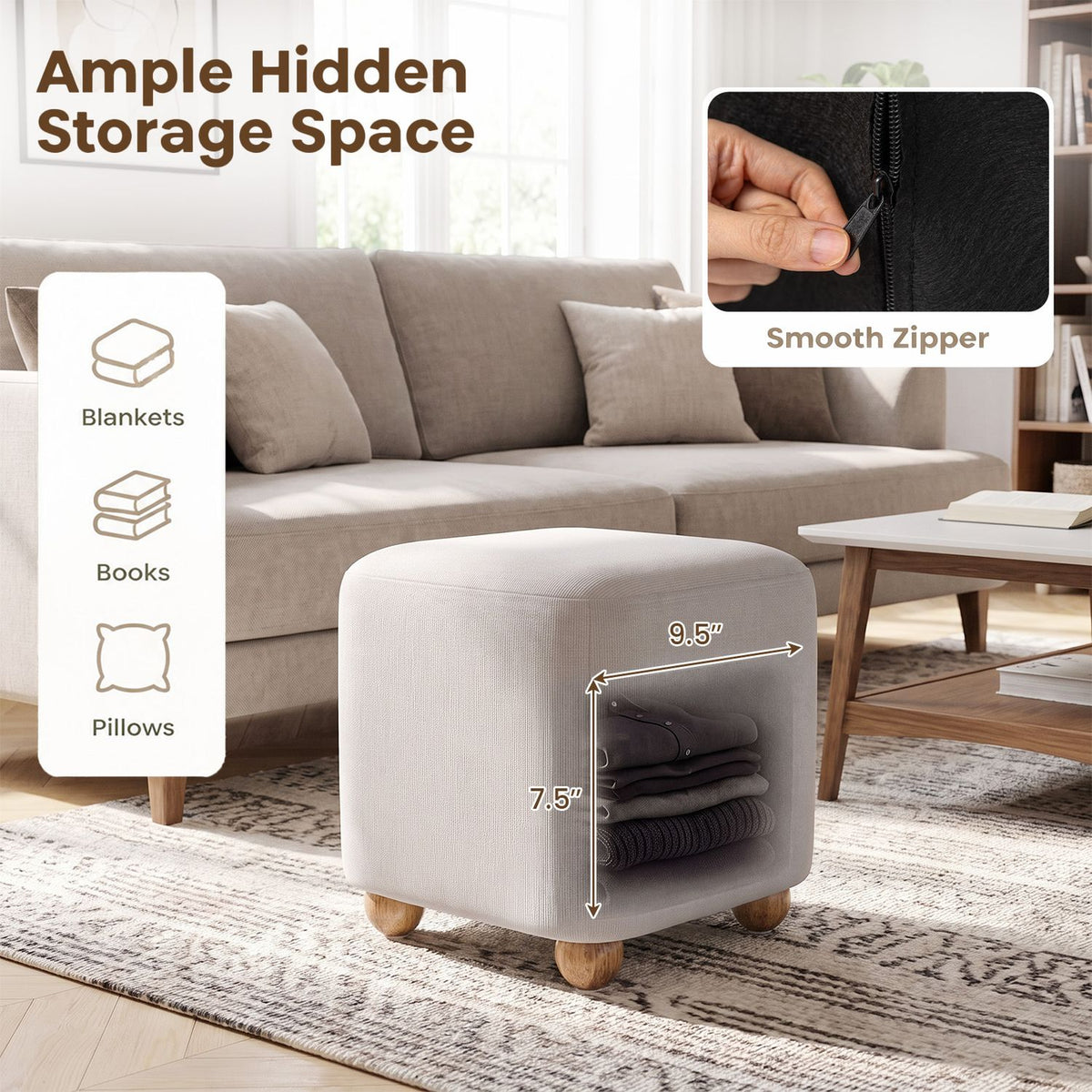 16.5 Inches Square Storage Ottoman with Solid Rubber Wood Legs-Gray