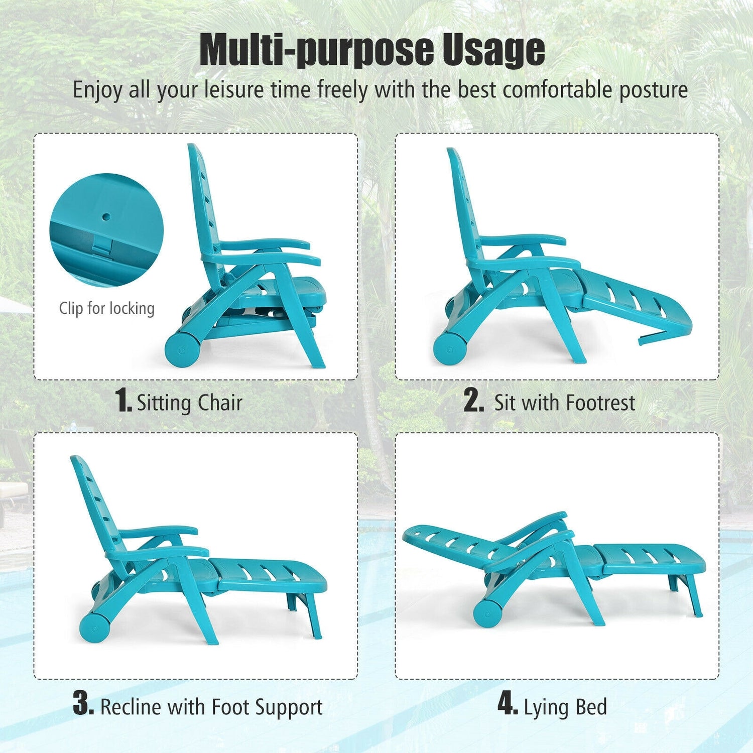 5 Position Adjustable Folding Lounger Chaise Chair on Wheels