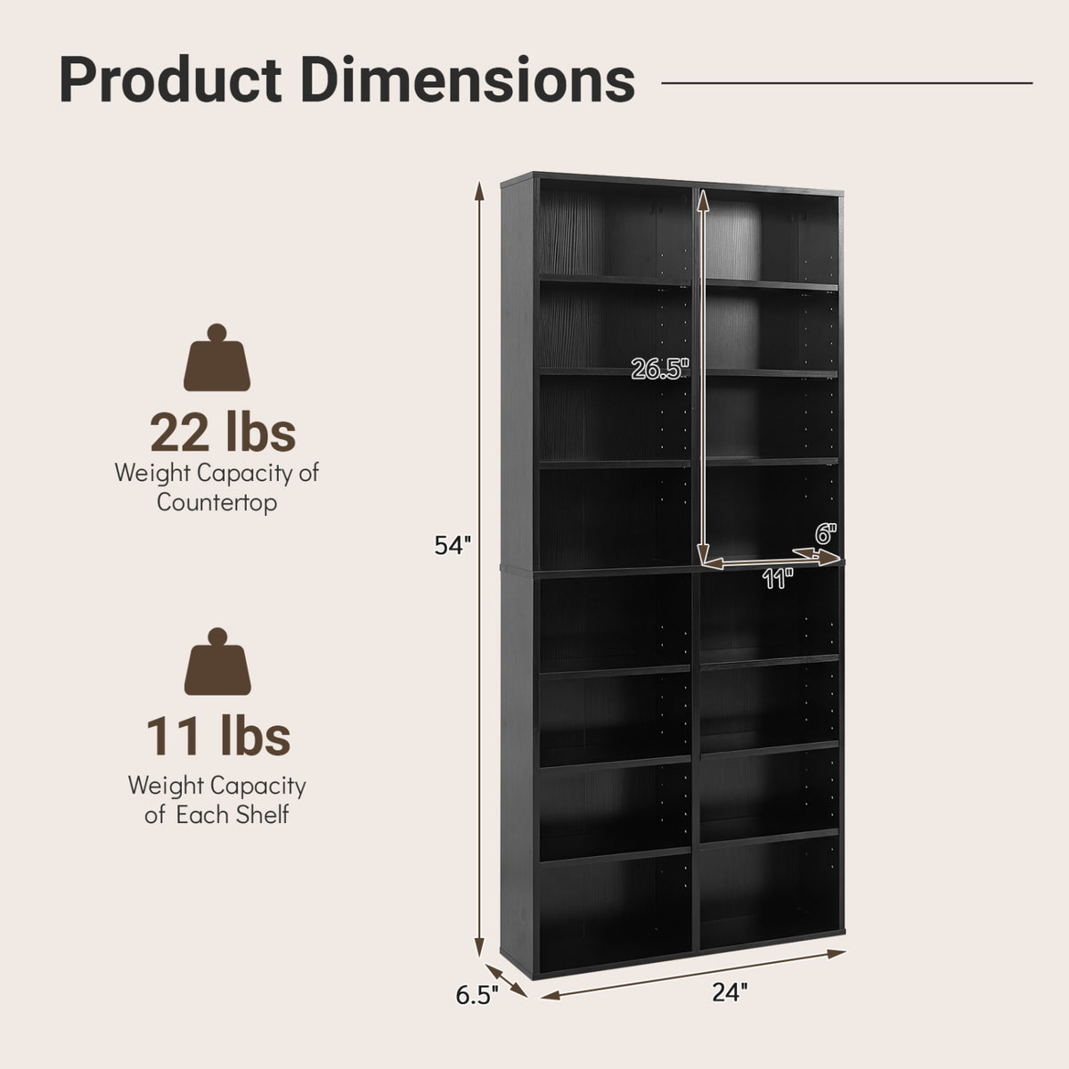 16 Compartment CD Storage Unit 54" Freestanding Open Display Shelf with 12 Removable Shelves