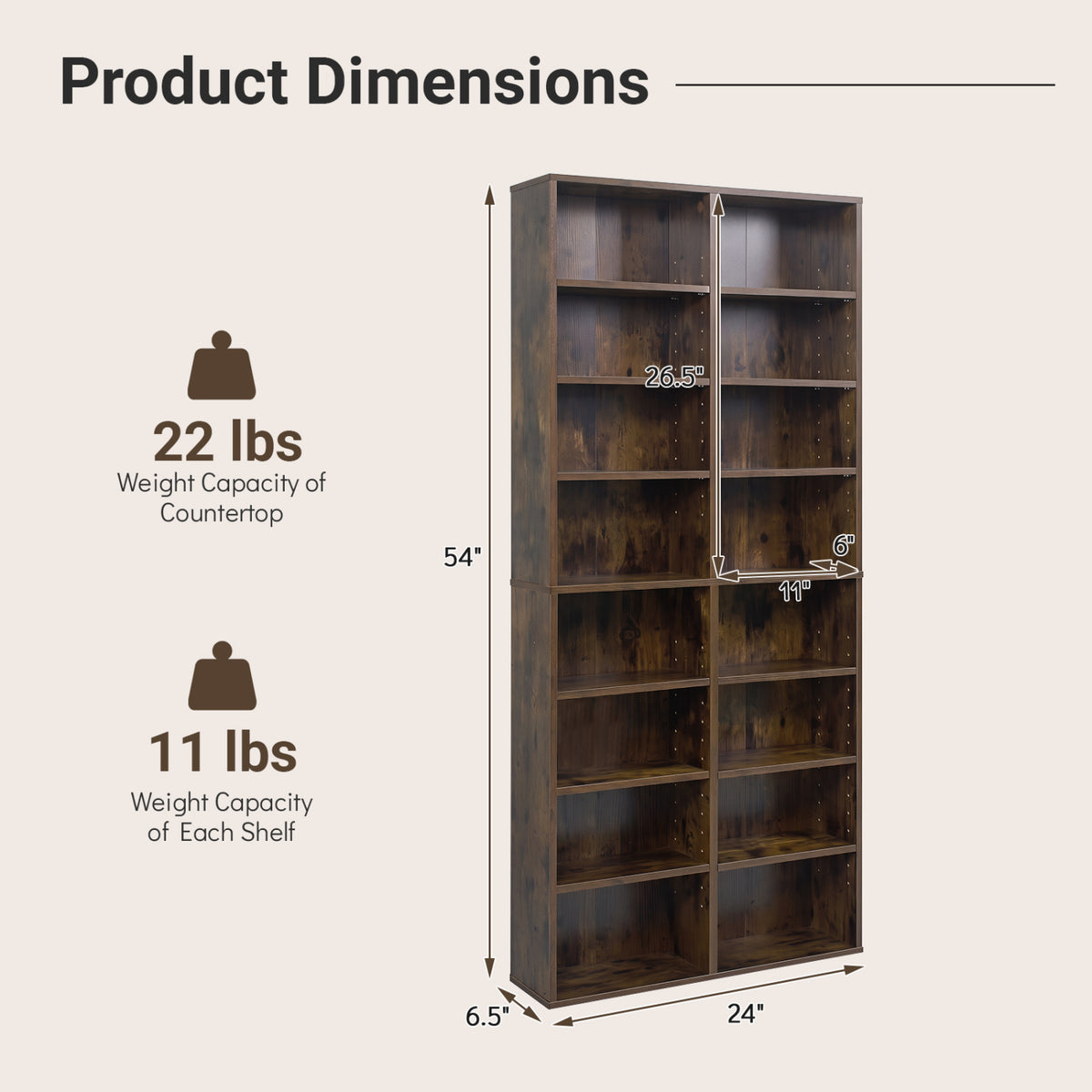 16 Compartment CD Storage Unit 54" Freestanding Open Display Shelf with 12 Removable Shelves