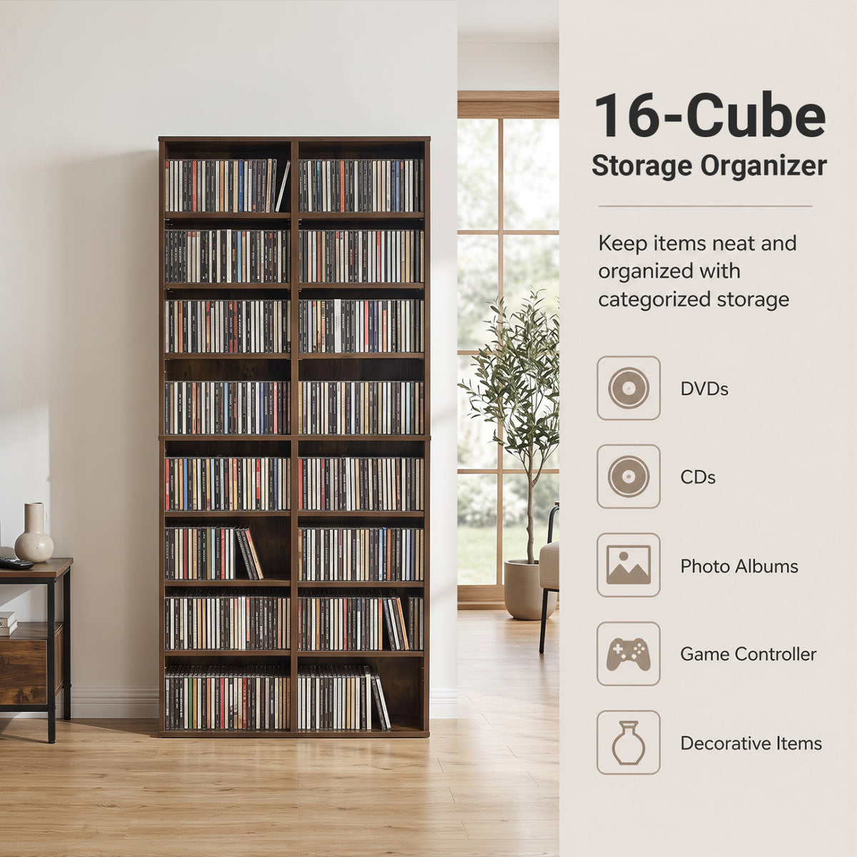 16 Compartment CD Storage Unit 54" Freestanding Open Display Shelf with 12 Removable Shelves