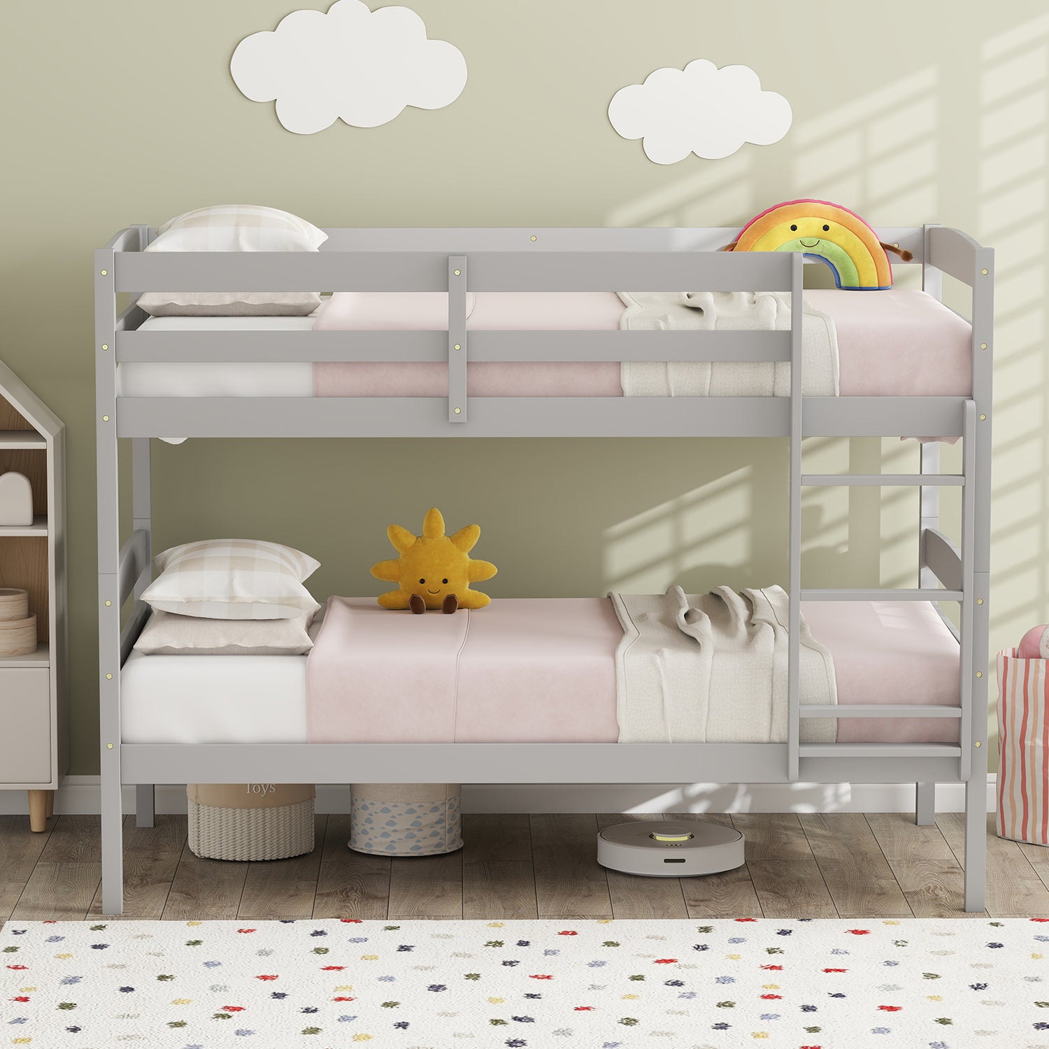 Solid Wood Twin Over Twin Bunk Bed Frame with High Guardrails and Integrated Ladder
