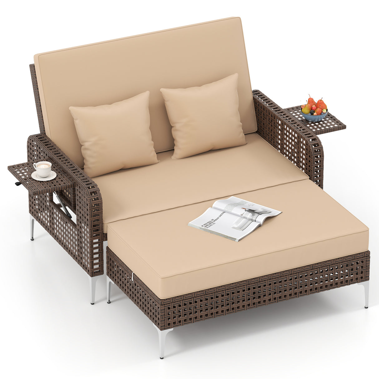 2 Piece Patio Rattan Daybed Wicker Loveseat and Ottoman with Adjustable Backrest