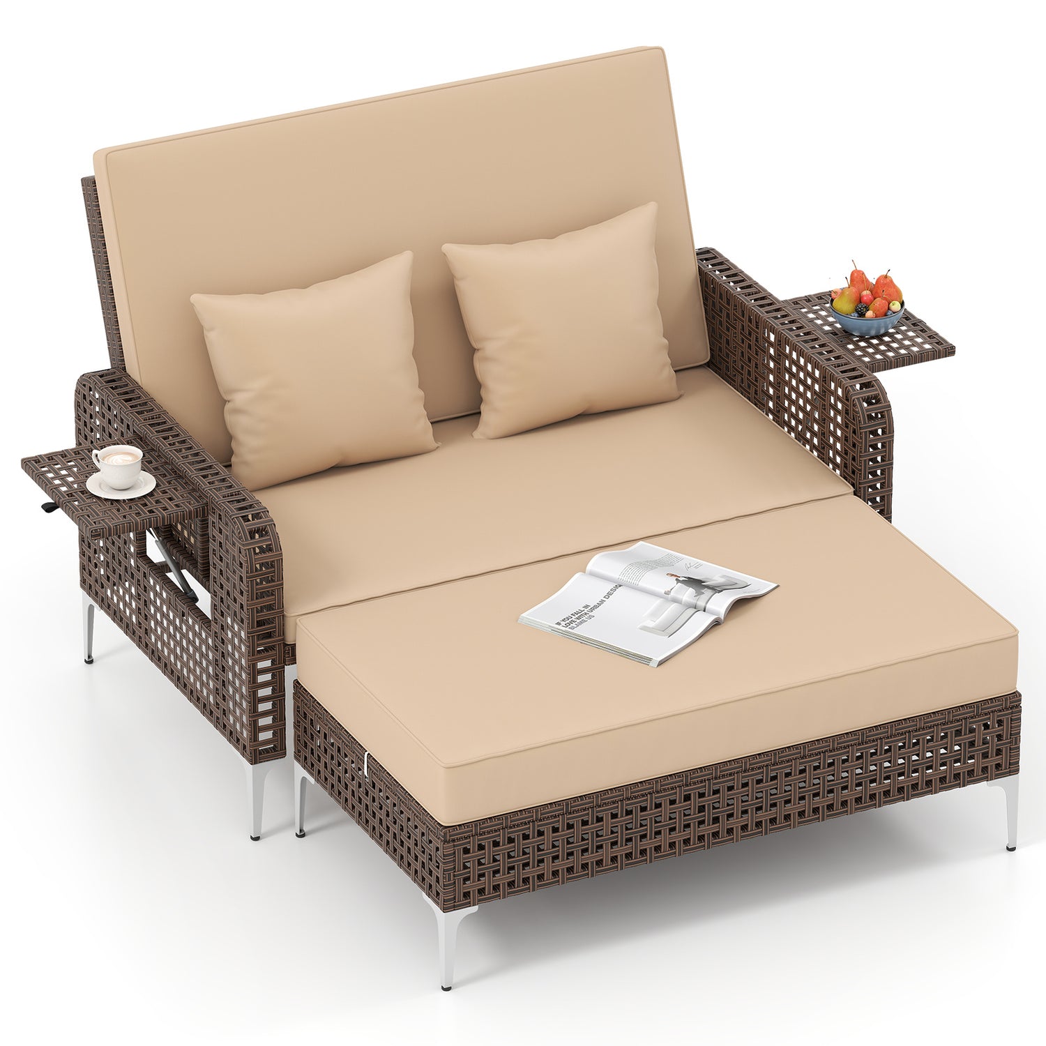2 Piece Patio Rattan Daybed Wicker Loveseat and Ottoman with Adjustable Backrest