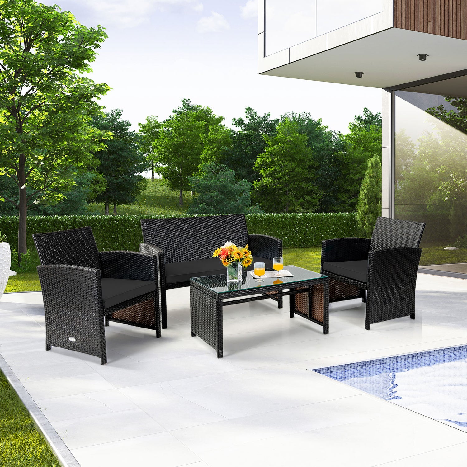 4 Pieces Patio Rattan Cushioned Furniture Set