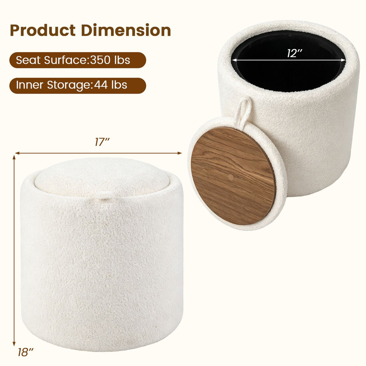 17 Inches Round Storage Ottoman with Flipping Lid-Beige