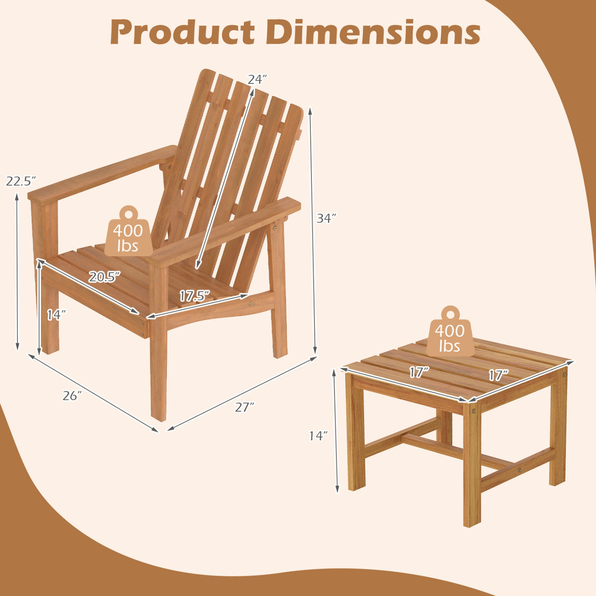 17â Square Patio Acacia Wood Side Table with Slatted Tabletop-Set of 1/2