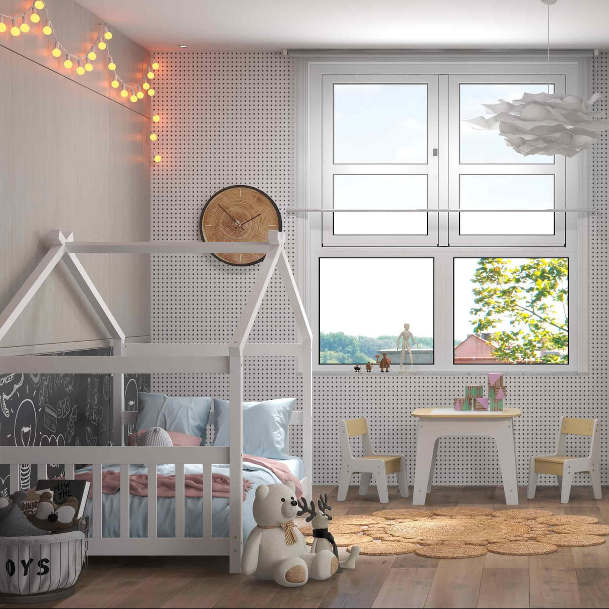 3-Piece Kid's Room Bundle: Twin Size Wooden House Bed + Kid's Table and Chairs Set + Kids 2-Shelf Bookcase