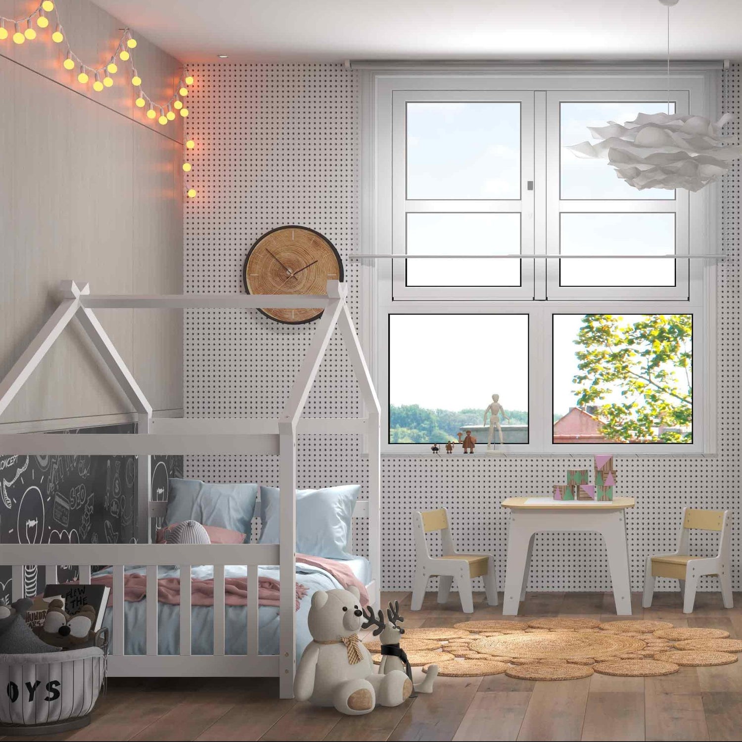 3-Piece Kid's Room Bundle: Twin Size Wooden House Bed + Kid's Table and Chairs Set + Kids 2-Shelf Bookcase