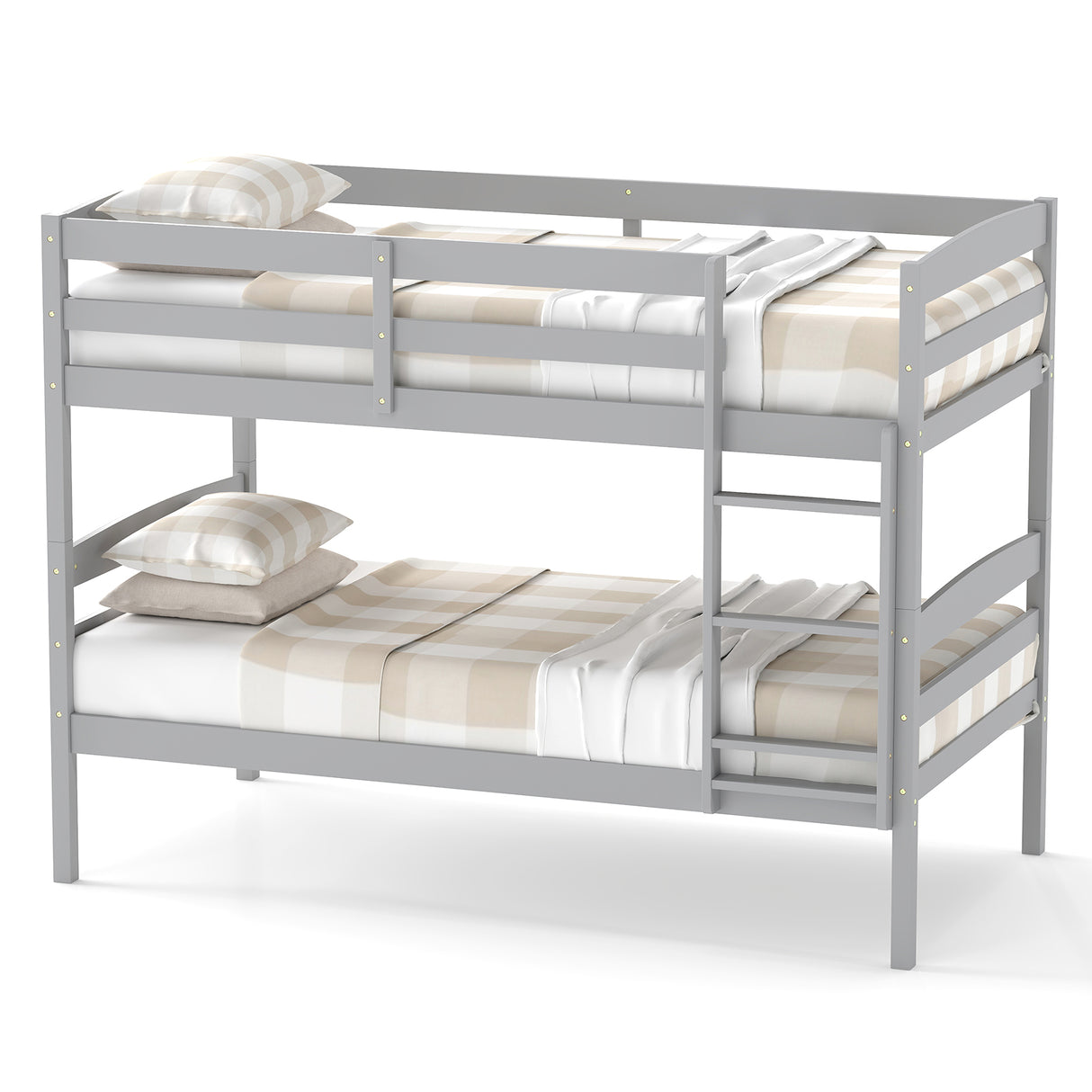Solid Wood Twin Over Twin Bunk Bed Frame with High Guardrails and Integrated Ladder