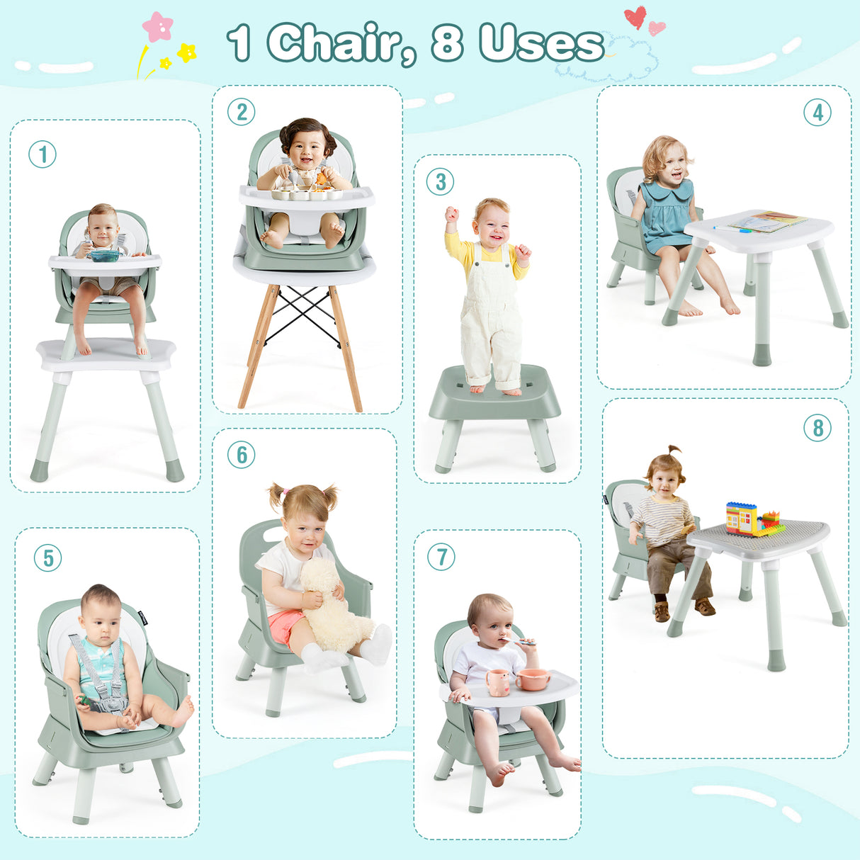 6-in-1 Convertible Baby High Chair with Adjustable Removable Tray