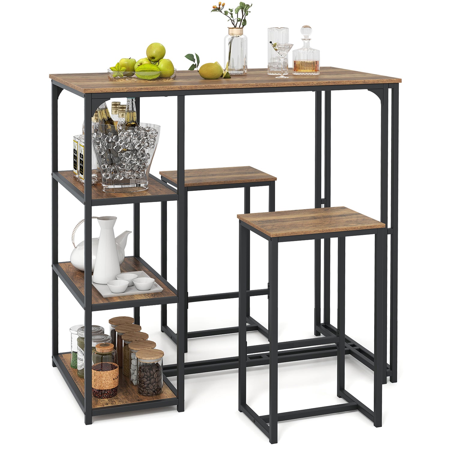 3-Piece Bar Table Set for 2 Bar-Height Dining Table with 2 Stools-Rustic Brown
