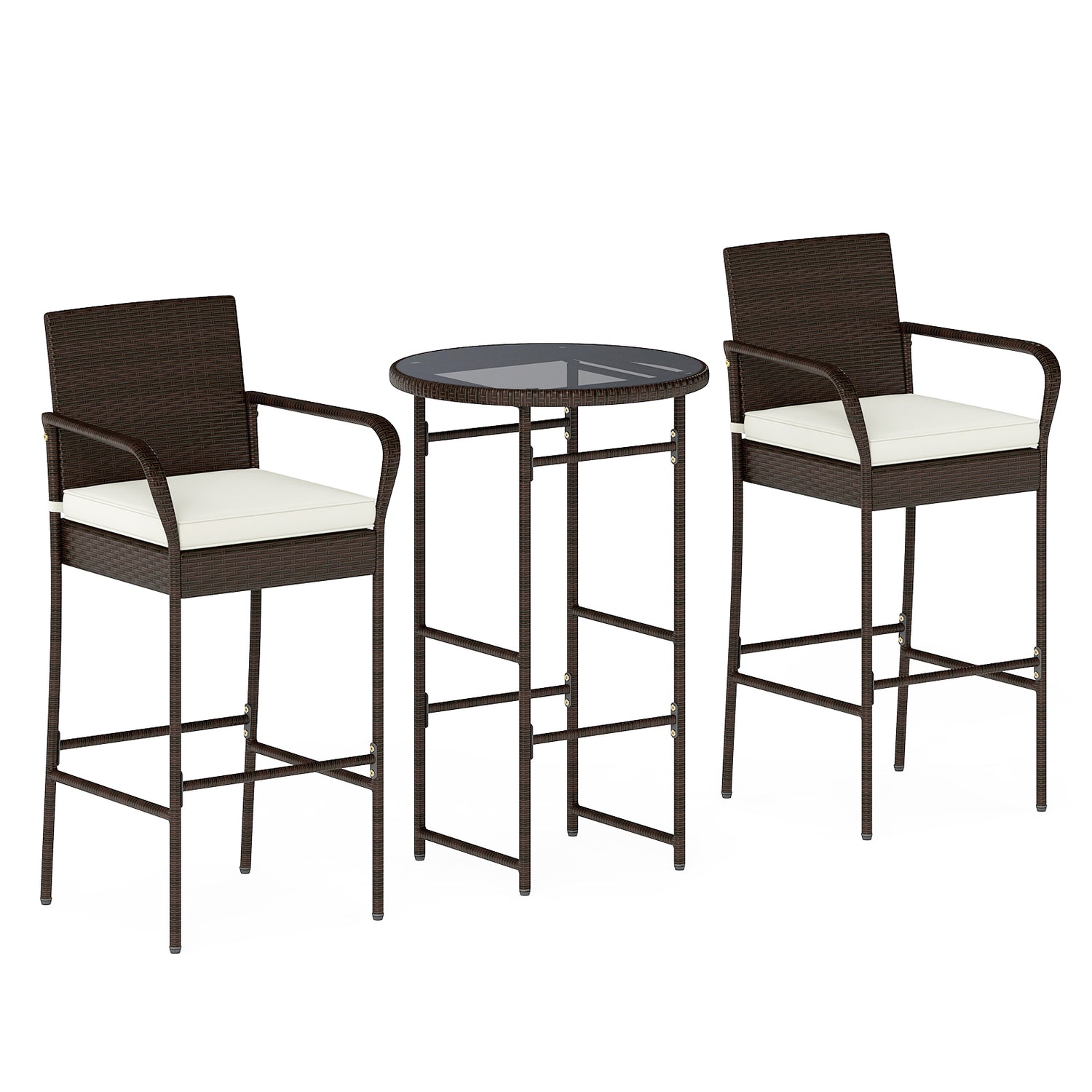 3 Piece Outdoor Bar Set with 2 Seat Cushions for Porch Yard-White