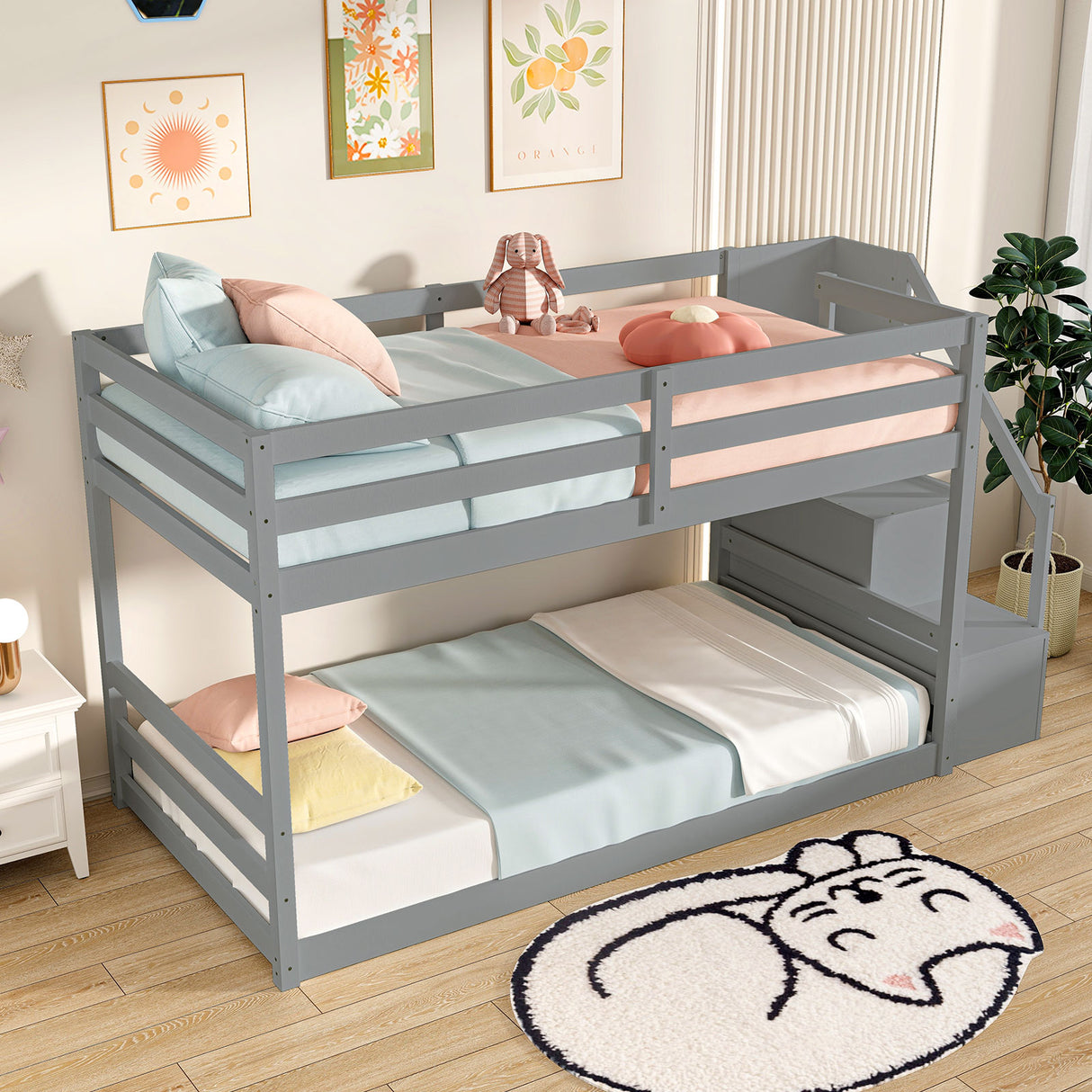 Twin Over Twin Low Bunk Bed with Storage Stairs Solid Wood Floor Bunk Bed Frame