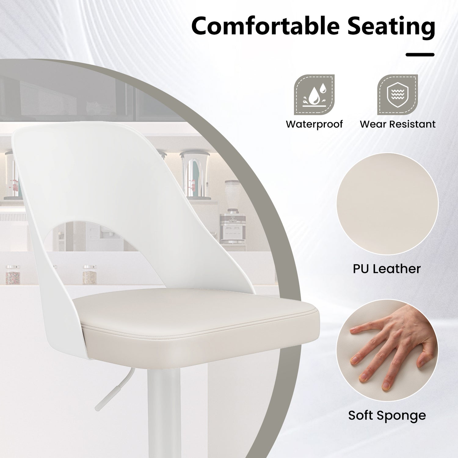 Bar Stools Set of 2 with Enlarged PU Leather Seat and Footrest