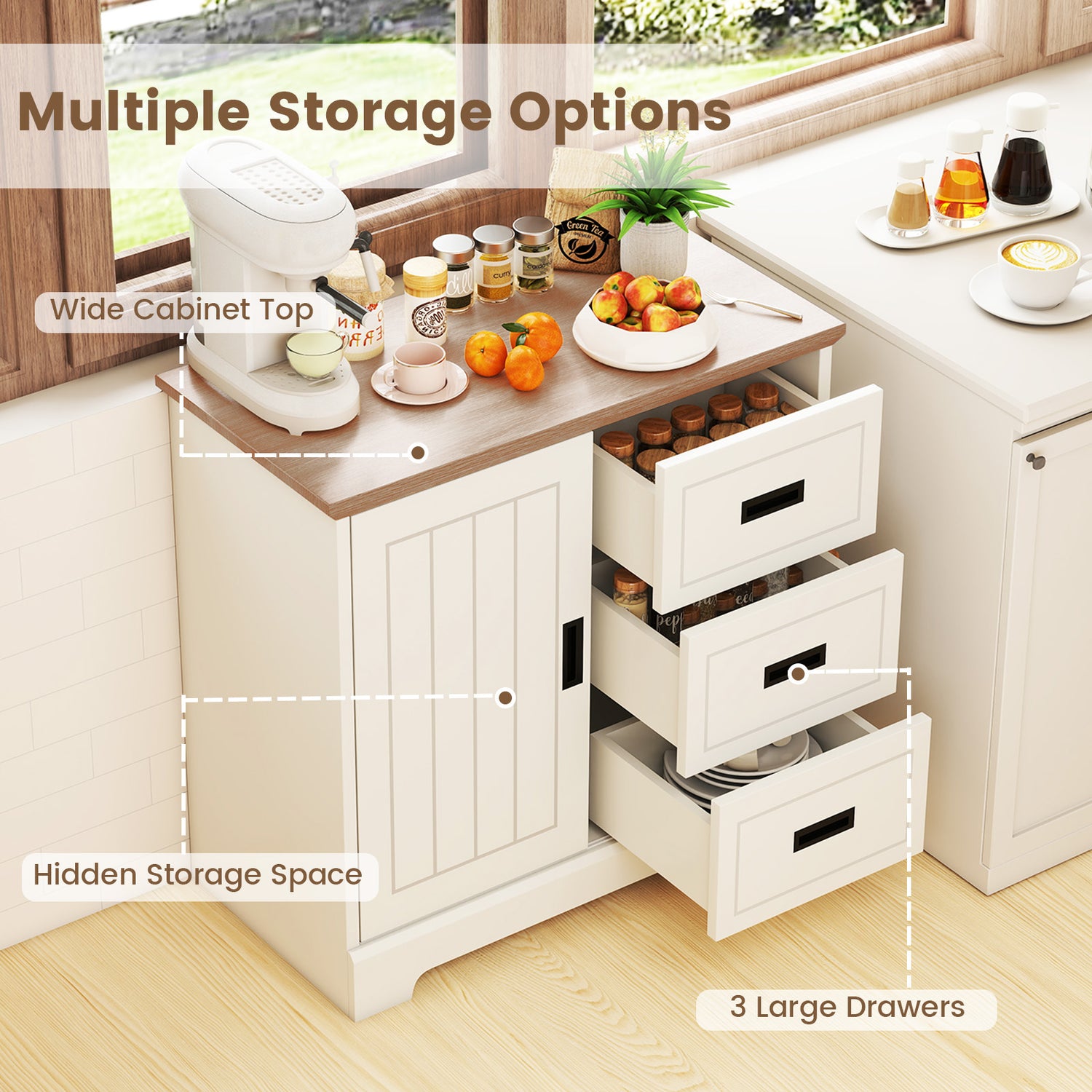 Farmhouse Sideboard Buffet Cabinet Kitchen Pantry with Sliding Doors-White