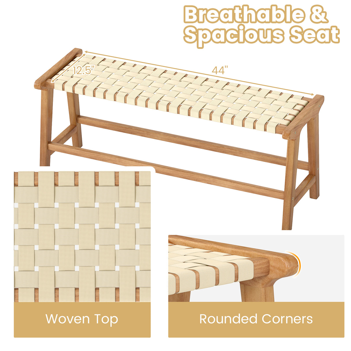 47 Inches Long Teak Wood Patio Bench with Weave Seat and Solid Wood Legs-Natural