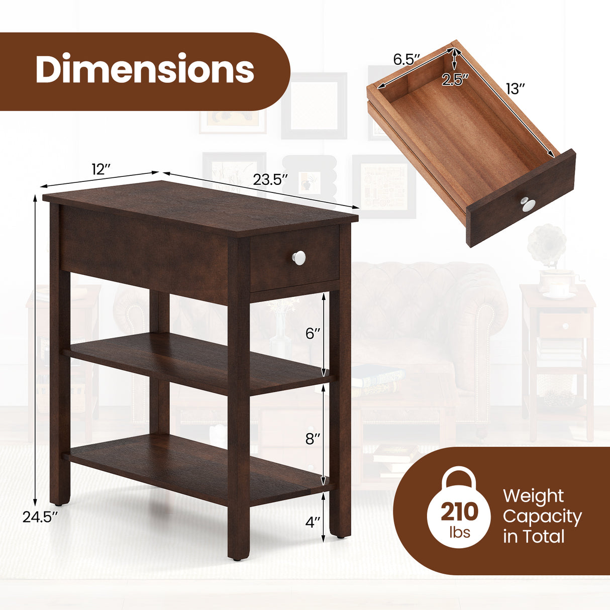 3-Tier Narrow End Table with Drawer and Storage Shelves Set of 2