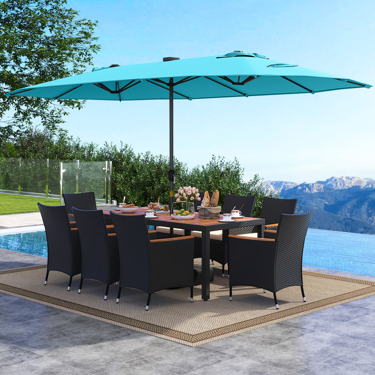 11 Pieces Patio Dining Set with LED Patio Umbrella with Base and Seat Cushions (Beige)