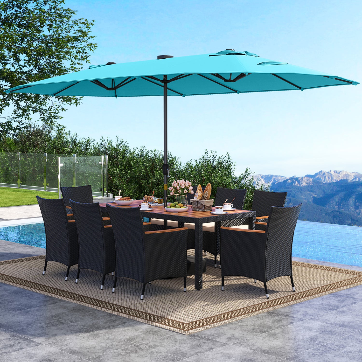 11 Pieces Patio Dining Set with LED Patio Umbrella with Base and Seat Cushions (Beige)