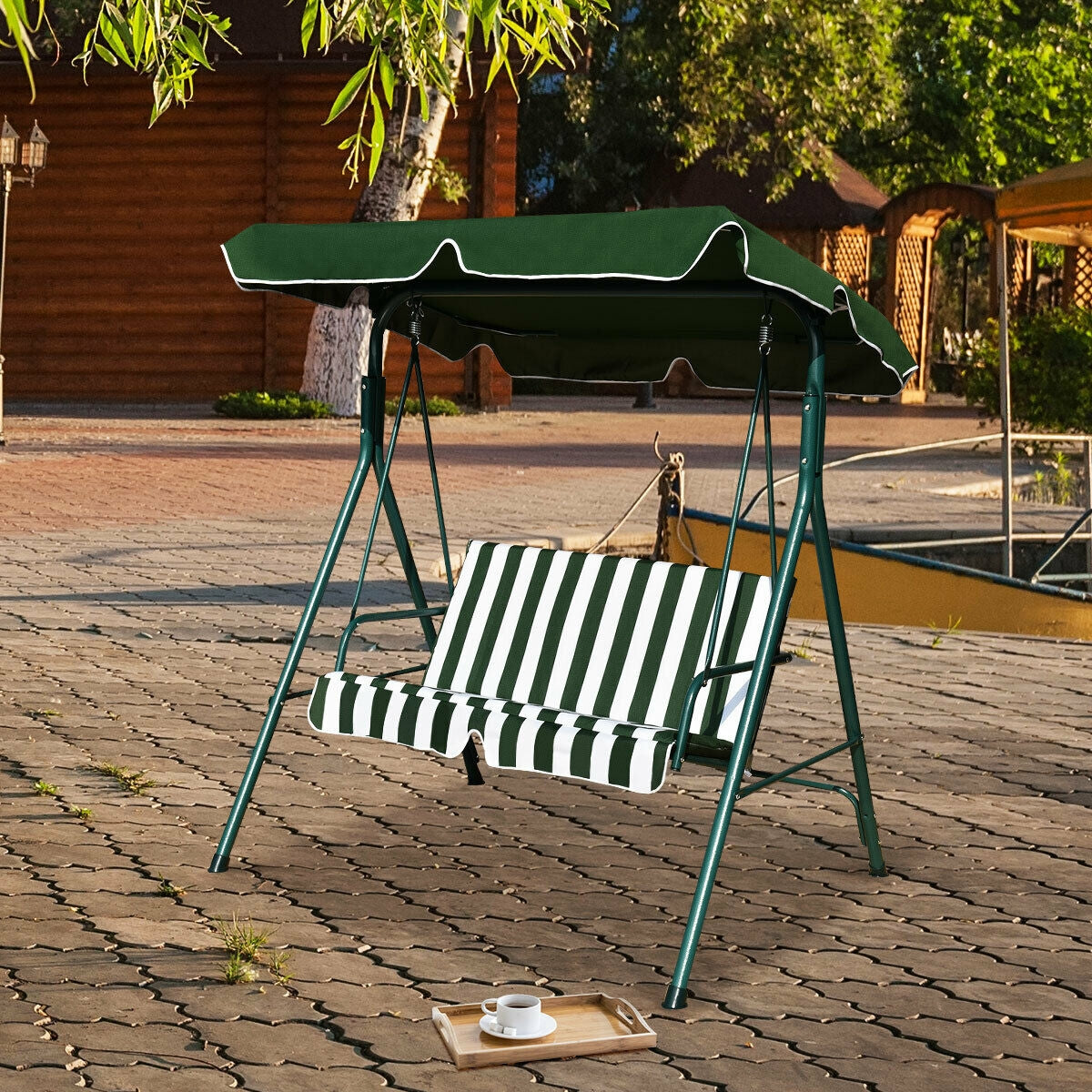 Loveseat Cushioned Patio Steel Frame Swing Glider