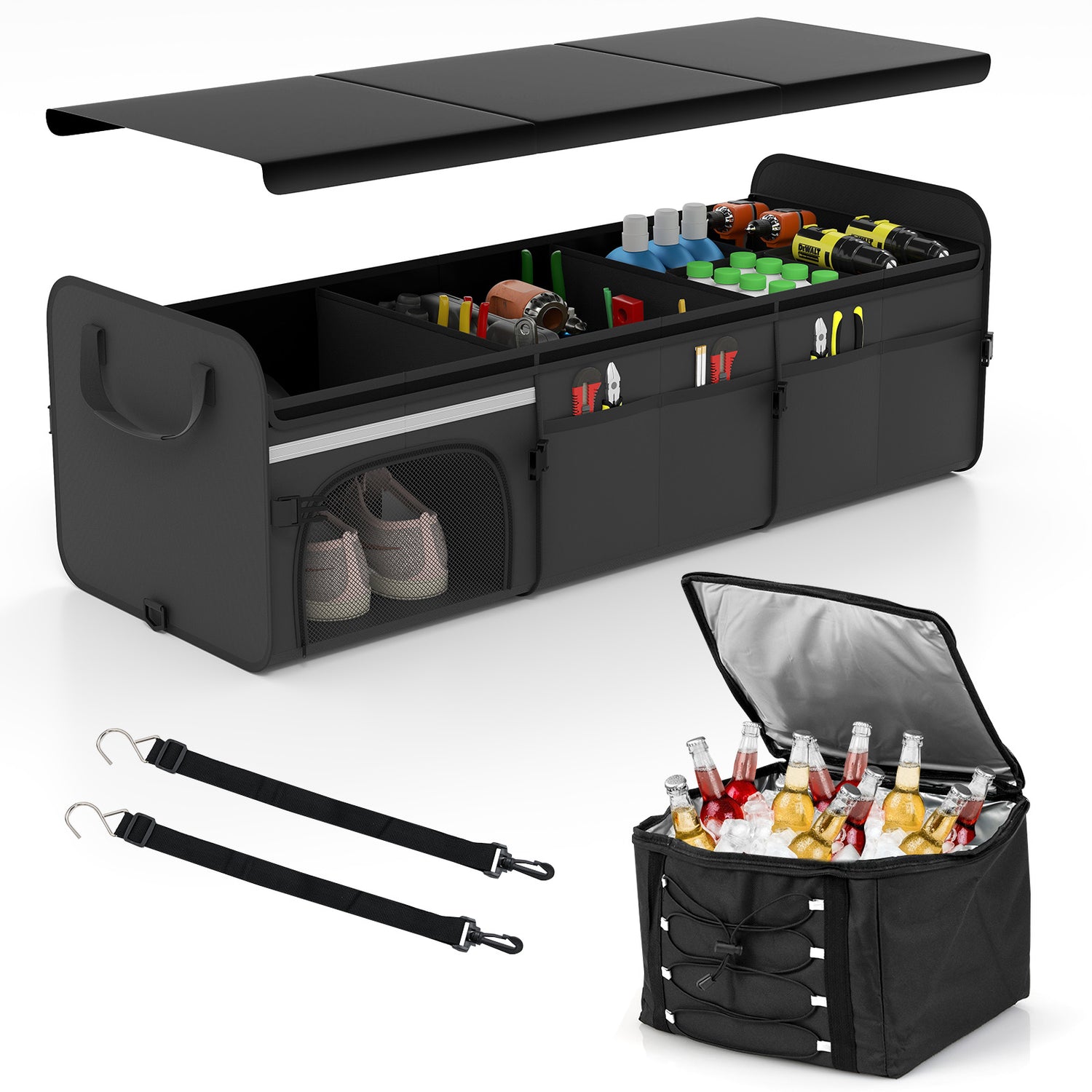 18 Gal Car Trunk Organizer with Lid 3-Compartment Portable Storage Box-Black