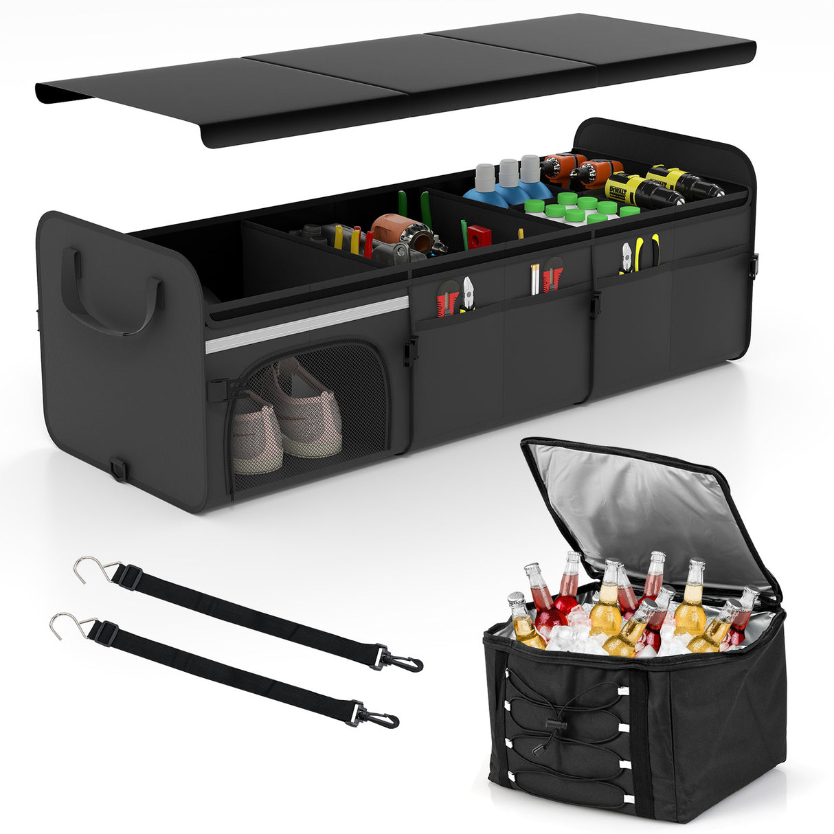 18 Gal Car Trunk Organizer with Lid 3-Compartment Portable Storage Box-Black