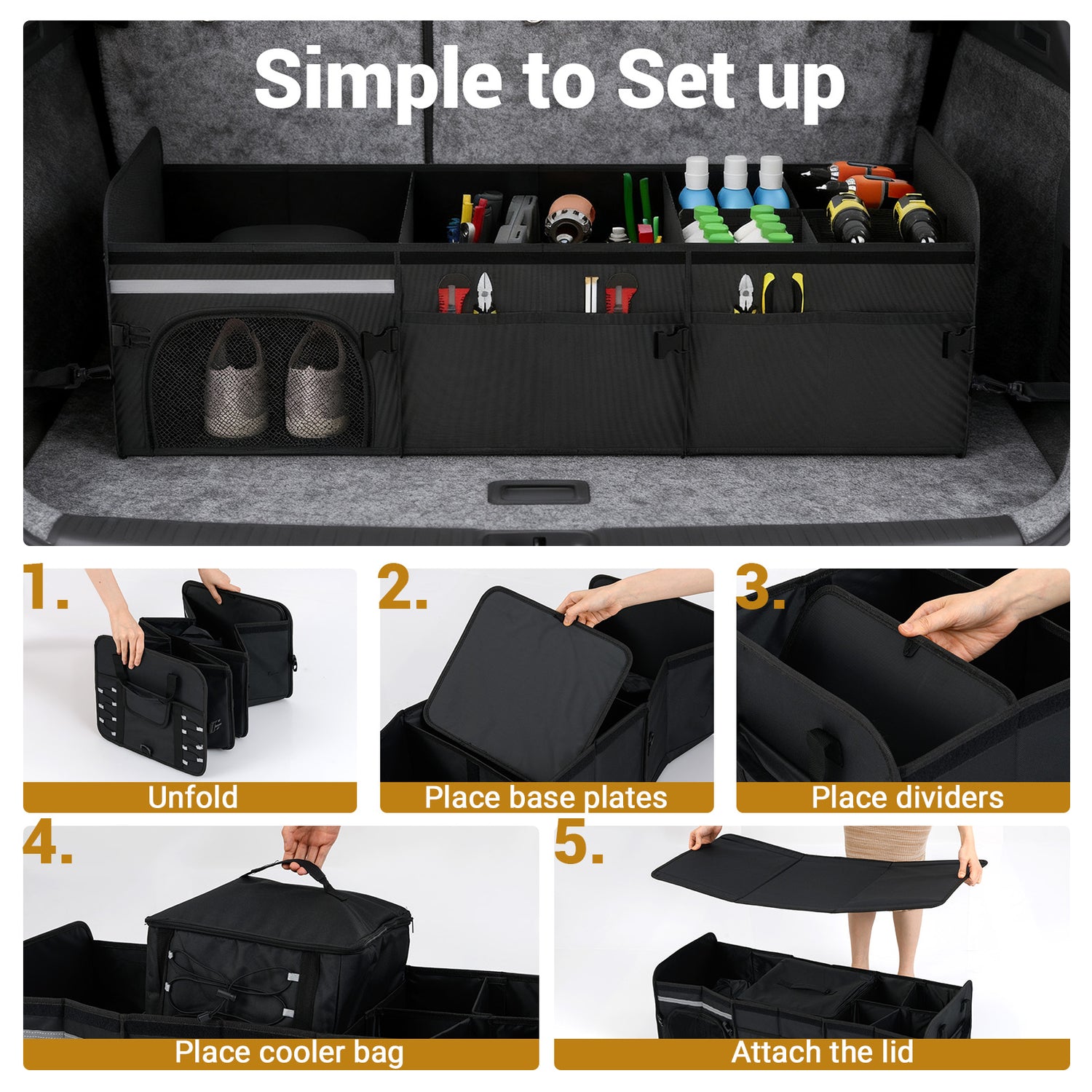 18 Gal Car Trunk Organizer with Lid 3-Compartment Portable Storage Box-Black